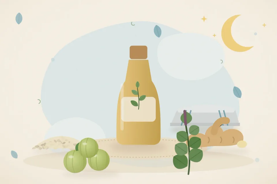 Illustrated still life with sesame seeds, fresh ginger, amla, tulsi leaves.