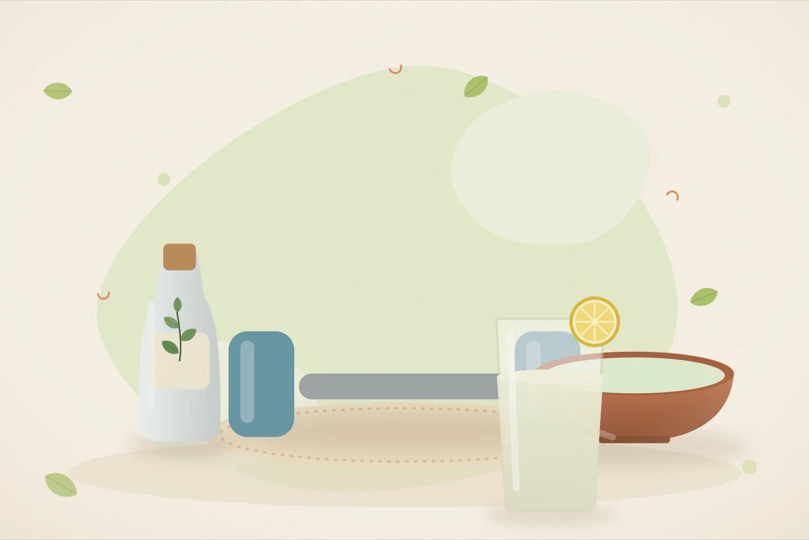 A pair of light dumbbells, a water bottle, a bowl of sprouts salad and a glass of lemon water on a lime-green background