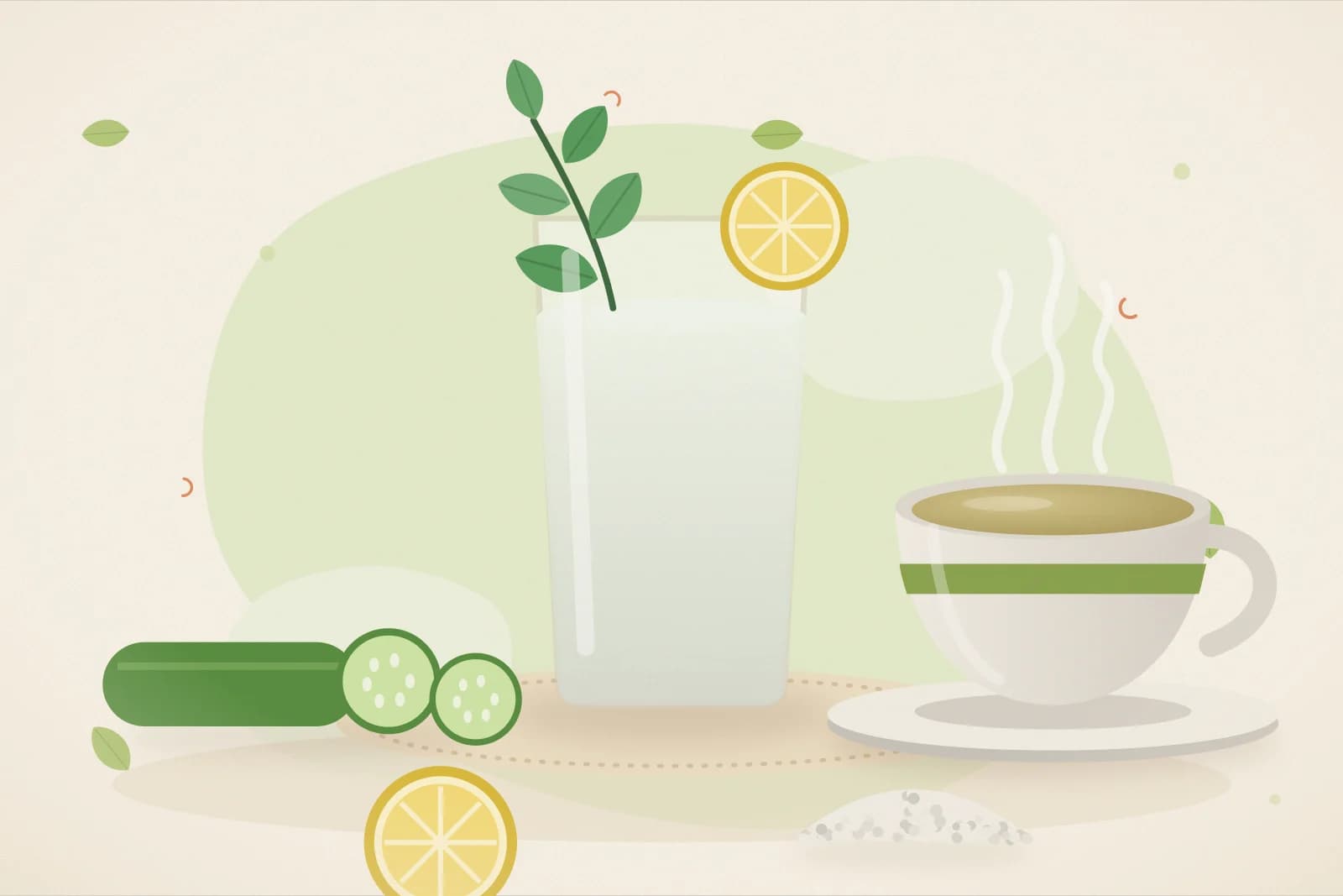 A tall glass of water with lemon and mint, cucumber slices, a cup of green tea and a small bowl of salt pushed aside on a lime-green background