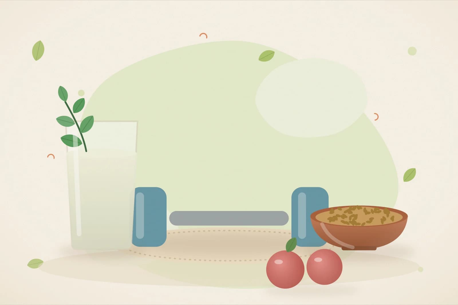 A pair of light dumbbells, a glass of buttermilk with mint, a bowl of roasted chana and an apple on a lime-green background