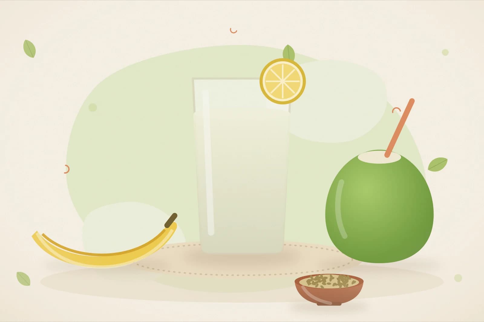 A glass of barley water with lemon, a banana, a green coconut and a small bowl of coriander seeds on a lime-green background