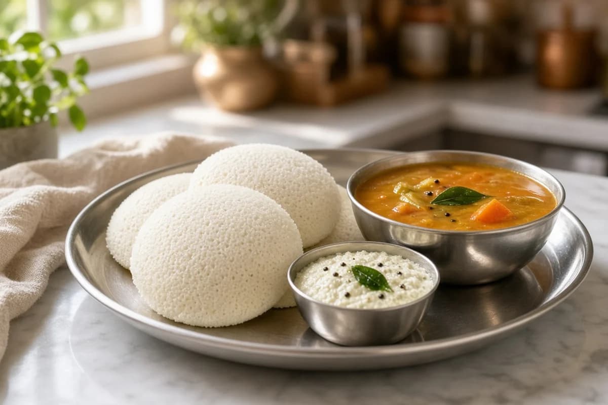 Three soft white idlis on a steel plate with a bowl of sambar and a small bowl of coconut chutney.