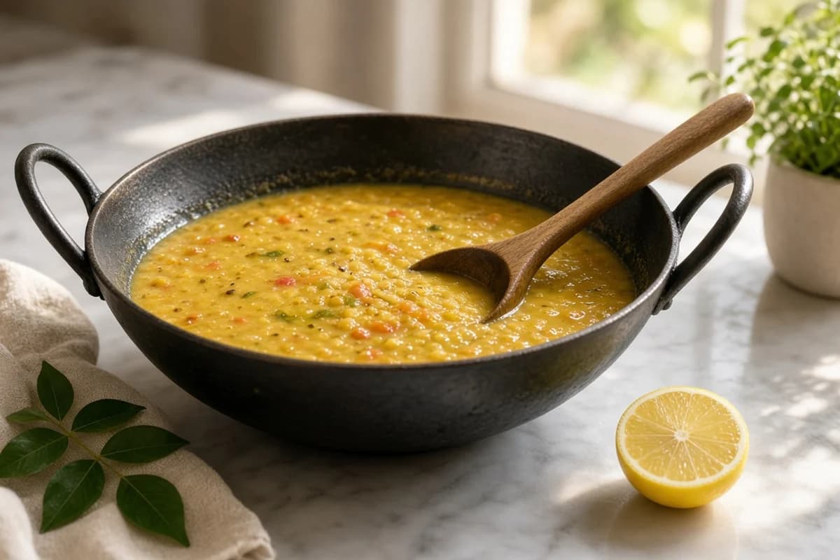A black iron kadai of yellow dal with a wooden ladle, curry leaves and a lemon half.