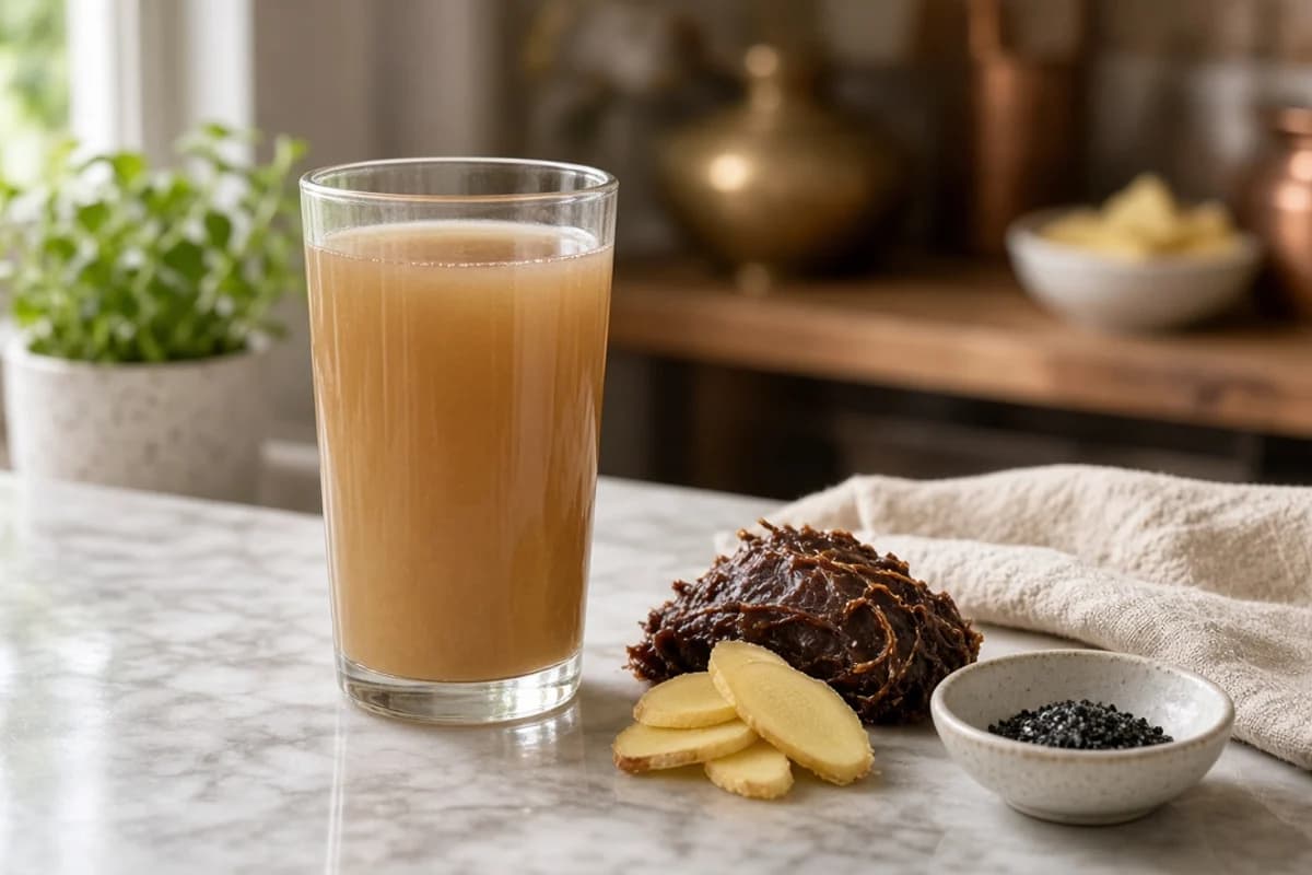 A tall glass of thin, translucent brown tamarind drink beside ginger slices, a lump of tamarind pulp and a small dish of black salt.