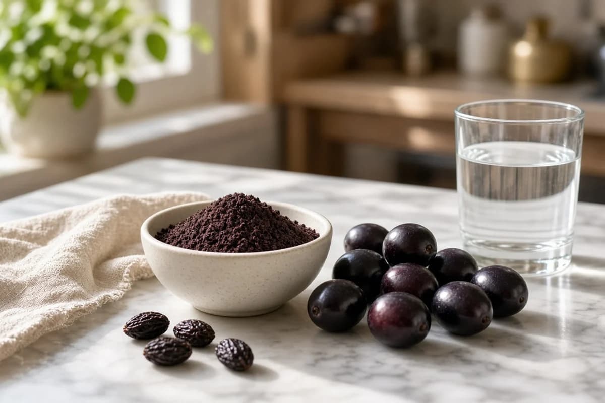 A bowl of dark jamun seed powder with dried seeds, fresh jamun fruits and a glass of water.