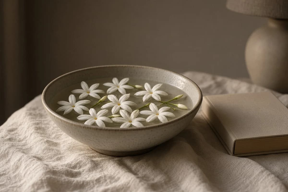 A ceramic bowl of water with floating white jasmine flowers on a soft beige cloth.