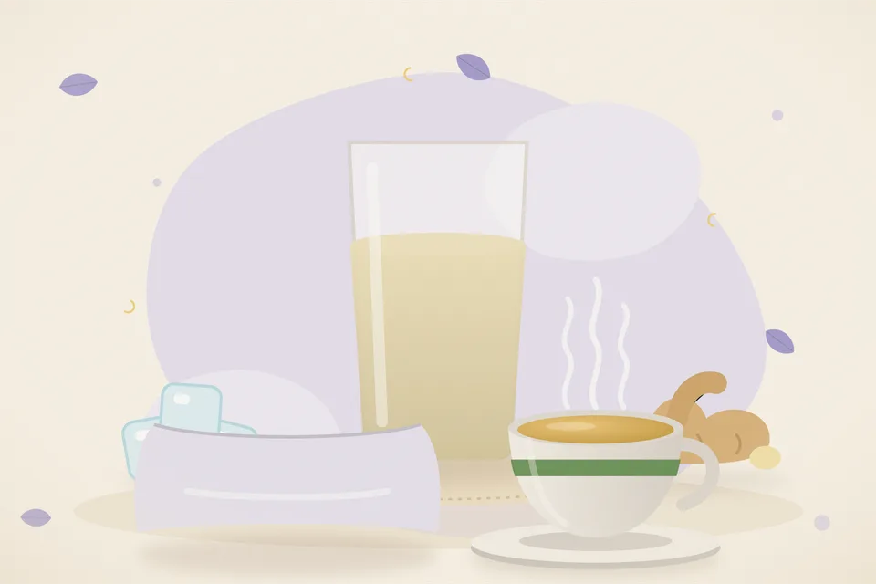 Illustrated still life with ice, fresh ginger.