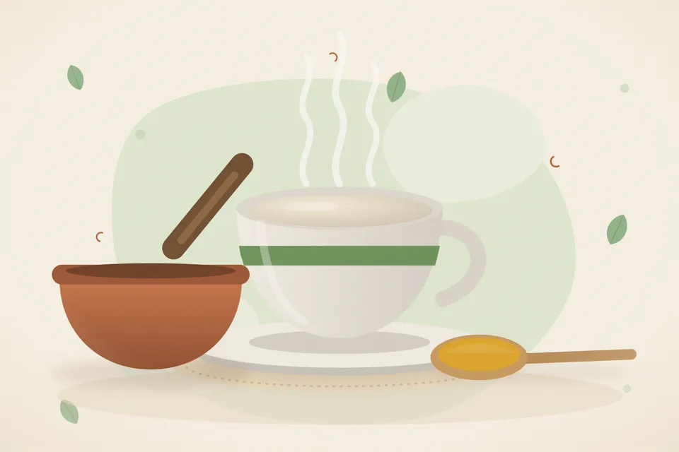 Illustrated Ayurvedic kitchen still life with a bowl, glass and traditional utensils.