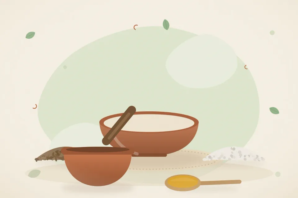 Illustrated still life with cumin seeds, rock salt.