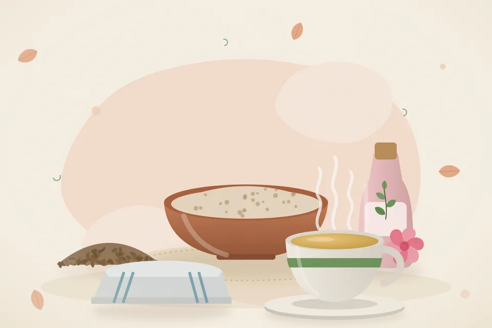 Illustrated still life with cumin seeds, rose water, a folded cloth.