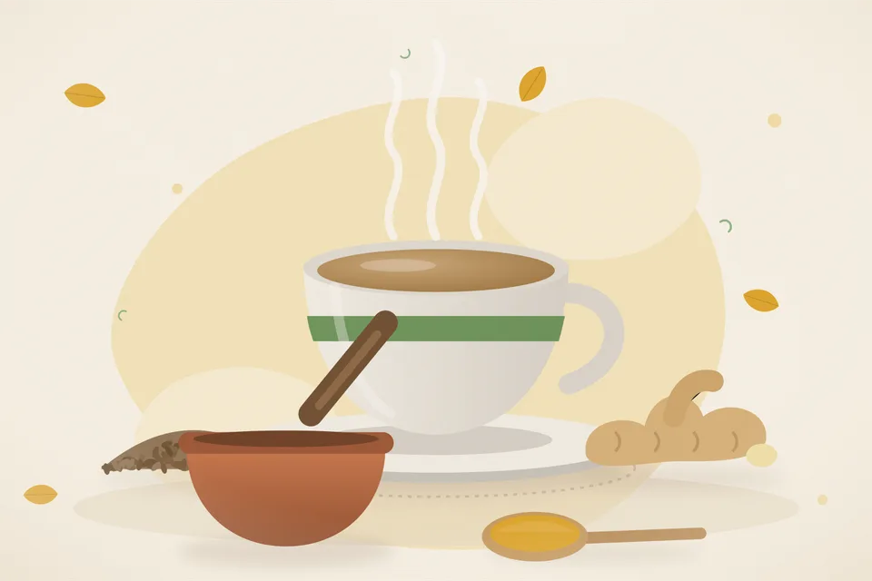 Illustrated still life with cumin seeds, fresh ginger.