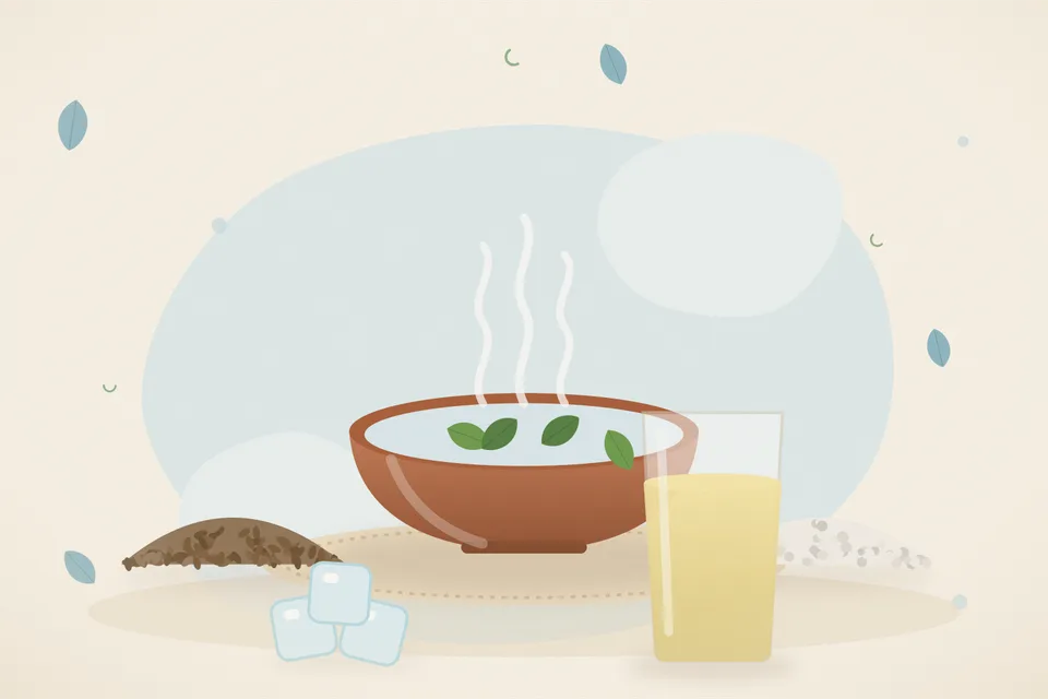 Illustrated still life with cumin seeds, rock salt, ice.