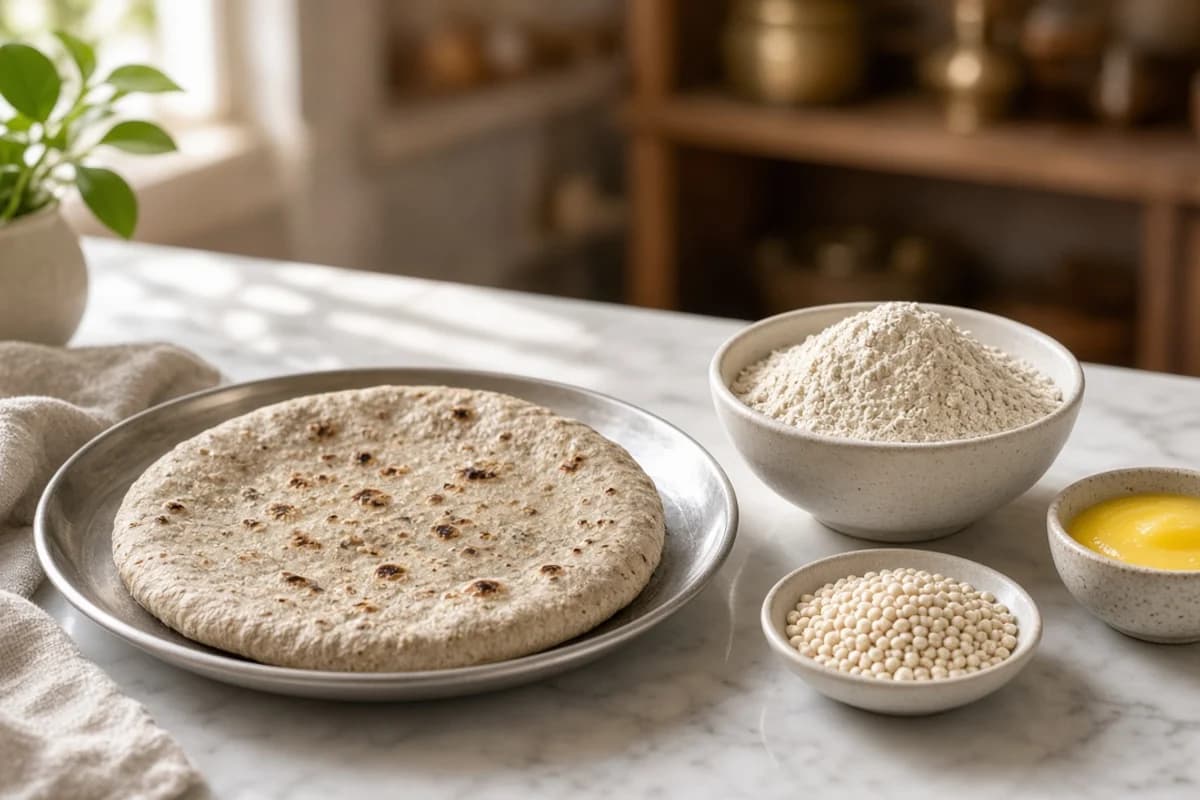 A toasted flatbread on a plate beside bowls of flour, small white grains and ghee.