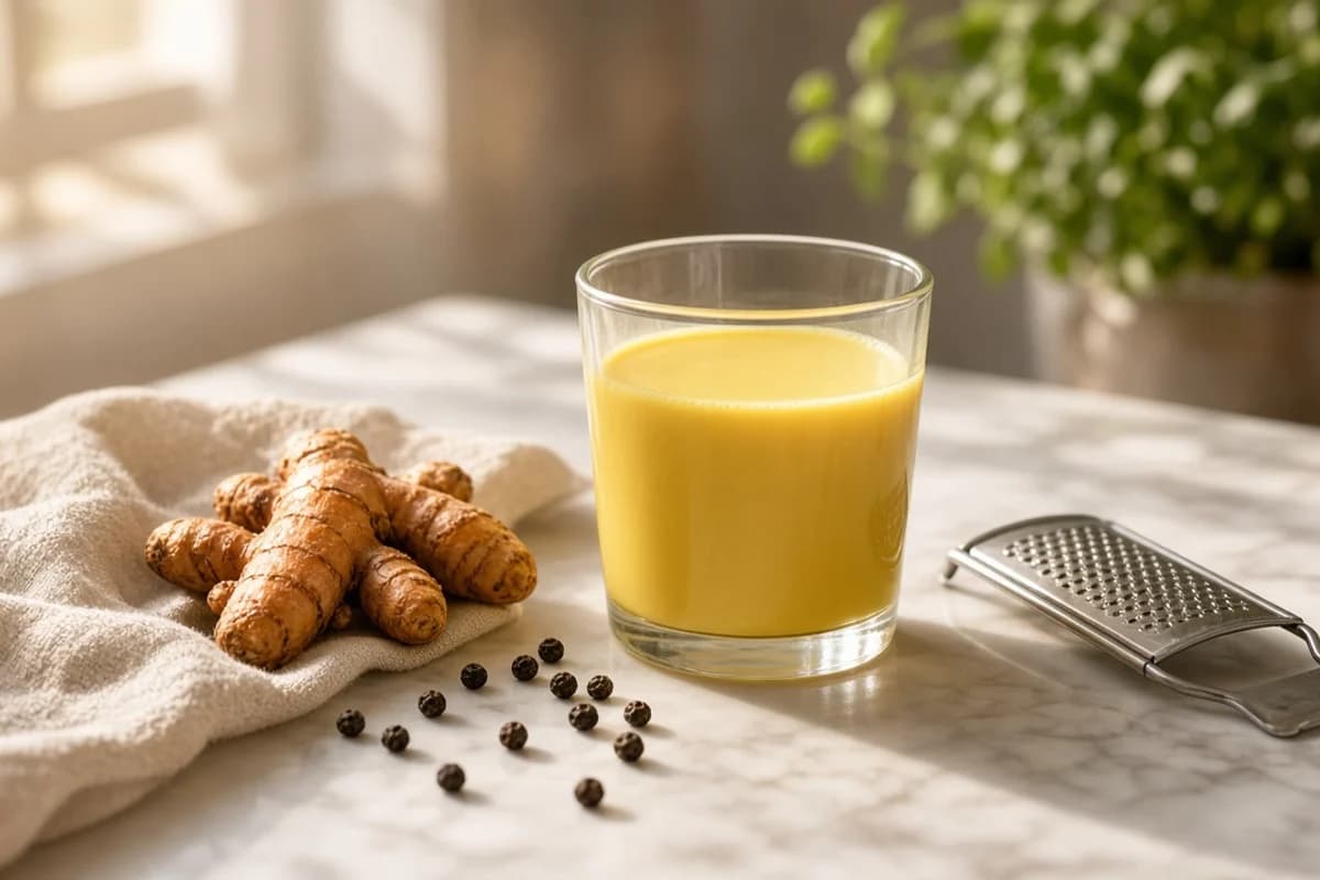 A glass of golden turmeric milk beside fresh turmeric roots, peppercorns and a small grater.