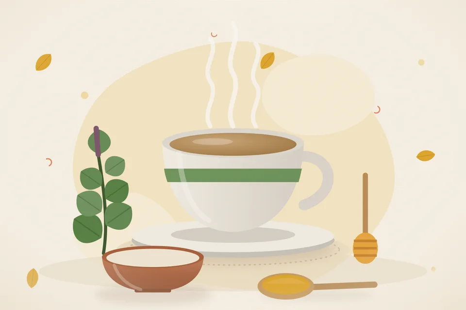 Illustrated still life with tulsi leaves, honey.
