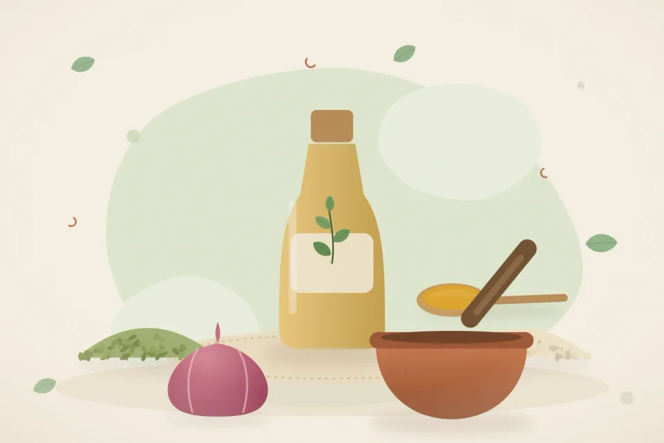 Illustrated still life with fennel seeds, sesame seeds, onion.