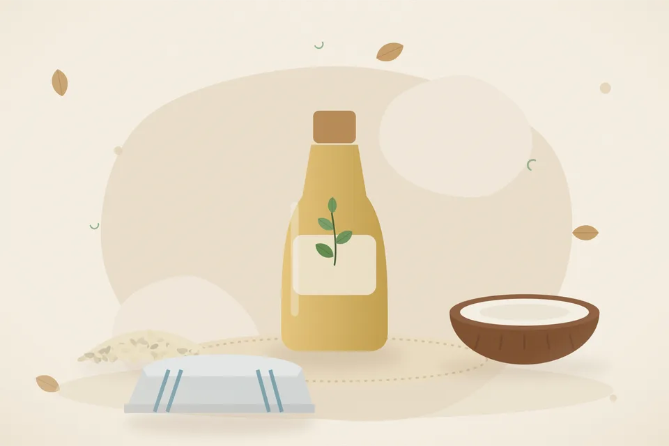 Illustrated still life with sesame seeds, coconut.
