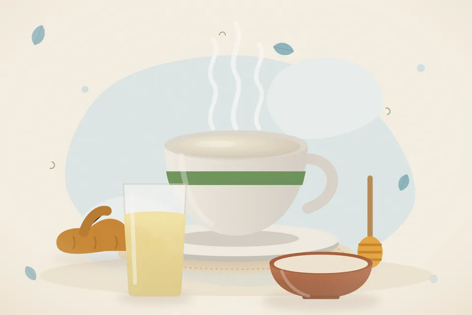 Illustrated still life with turmeric root, honey.