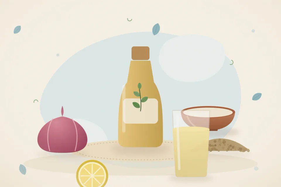 Illustrated still life with onion, coriander seeds, lemon.