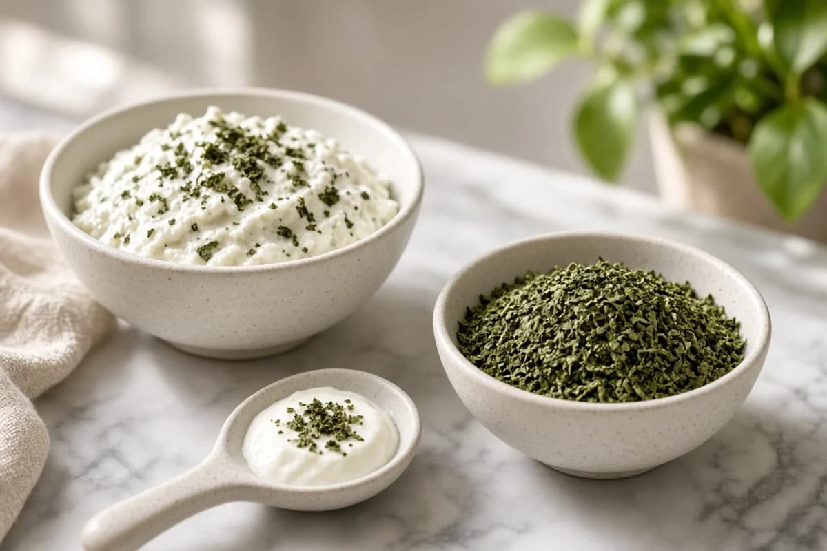 Bowls of curd with green kasuri methi flecks, a bowl of dry kasuri methi and a spoon of curd.