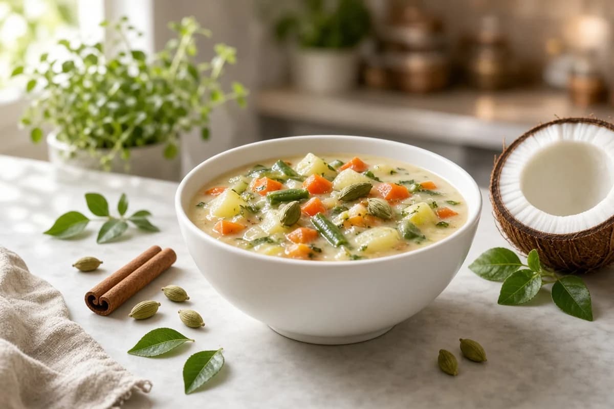 A white bowl of pale coconut-milk vegetable stew with carrot, beans and potato, beside a halved coconut, cinnamon sticks and cardamom pods.