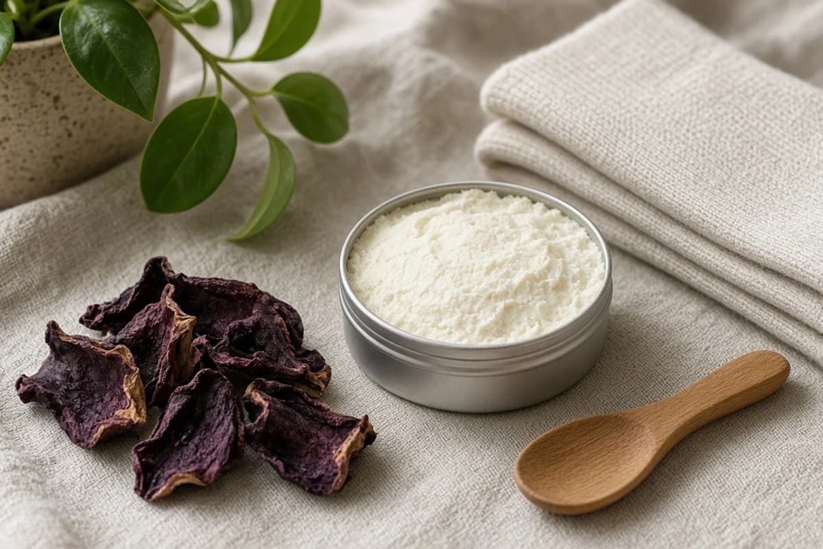 A round tin of white kokum butter with dried purple kokum petals, a small wooden spatula and folded cotton socks.