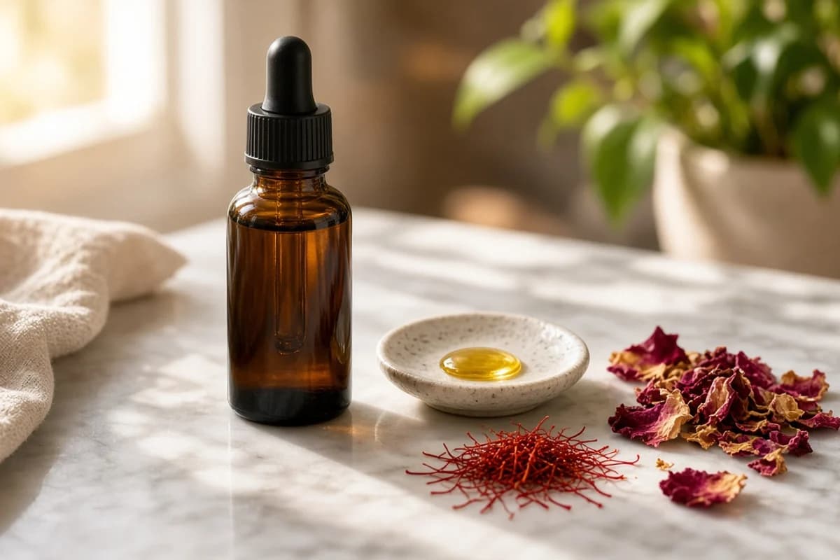 A dark dropper bottle with a dish of golden oil, saffron threads and dried rose petals on marble.
