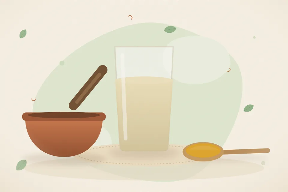 Illustrated Ayurvedic kitchen still life with a bowl, glass and traditional utensils.