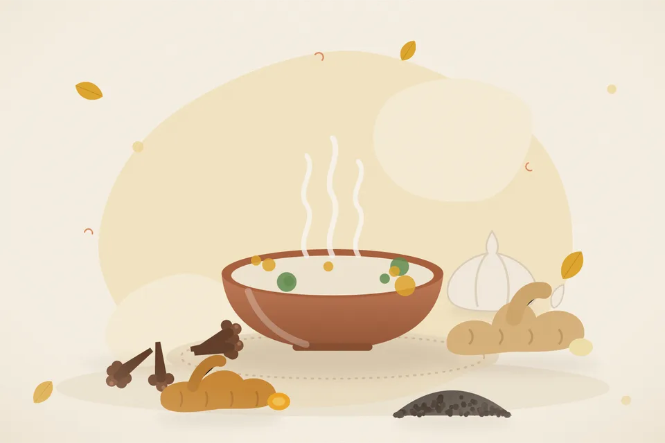 Illustrated still life with cloves, fresh ginger, turmeric root, black pepper, garlic.