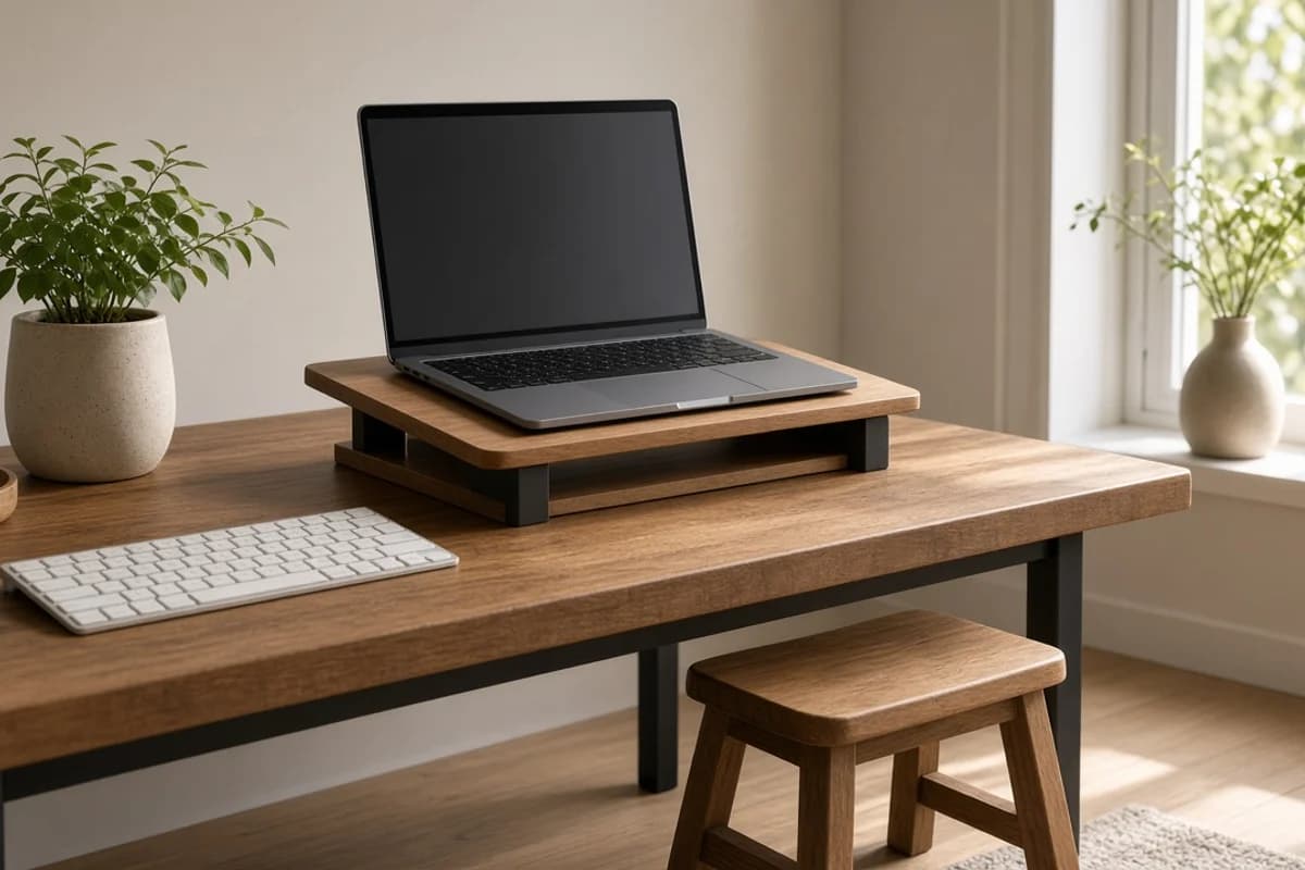 A laptop on a wooden riser with a separate keyboard and a small wooden footrest on a desk.