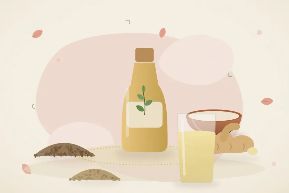 Illustrated still life with cumin seeds, fresh ginger, coriander seeds.