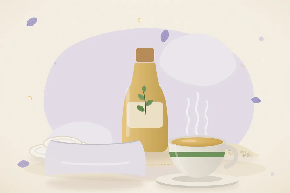 Illustrated still life with cotton pads, sesame seeds, a soft pillow.