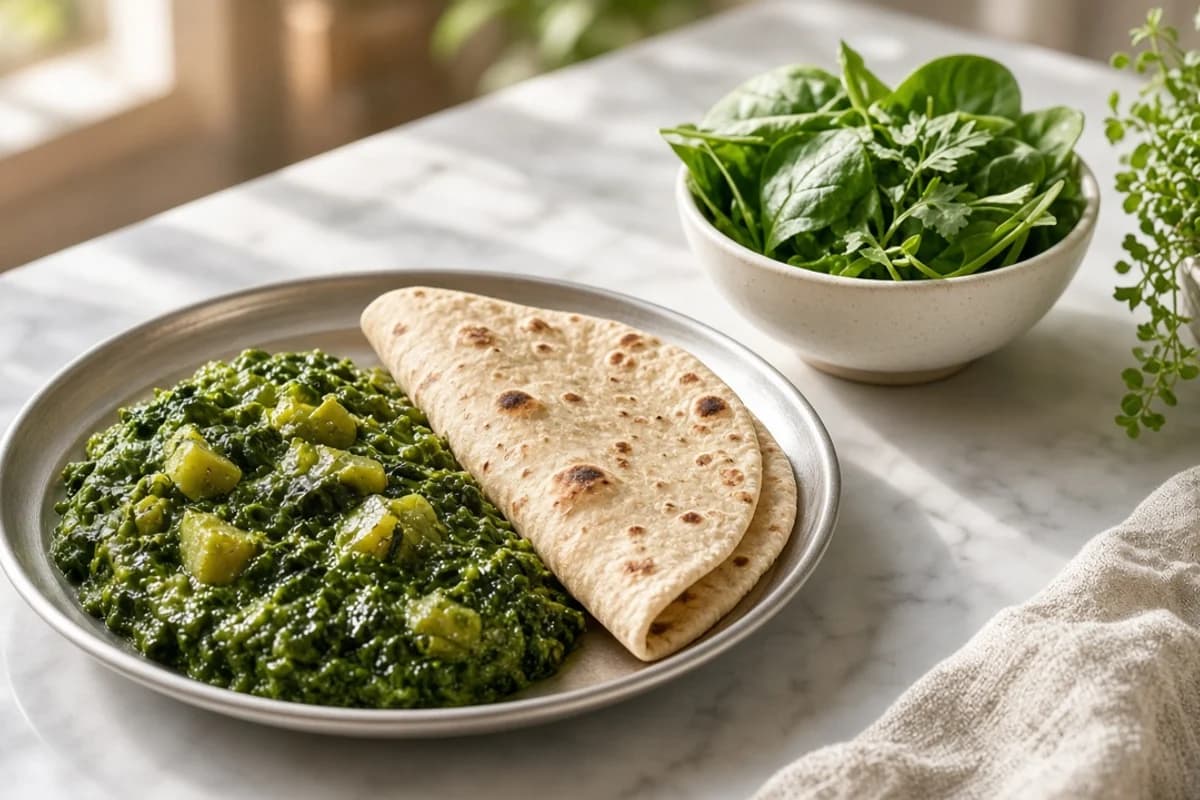A plate of green leafy sabzi with a folded roti and a small bowl of fresh spinach leaves.