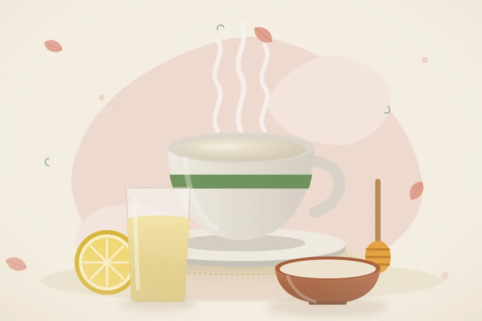 Illustrated still life with lemon, honey.