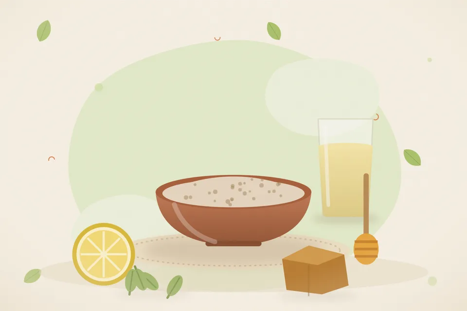 Illustrated still life with lemon, honey, cardamom, jaggery.
