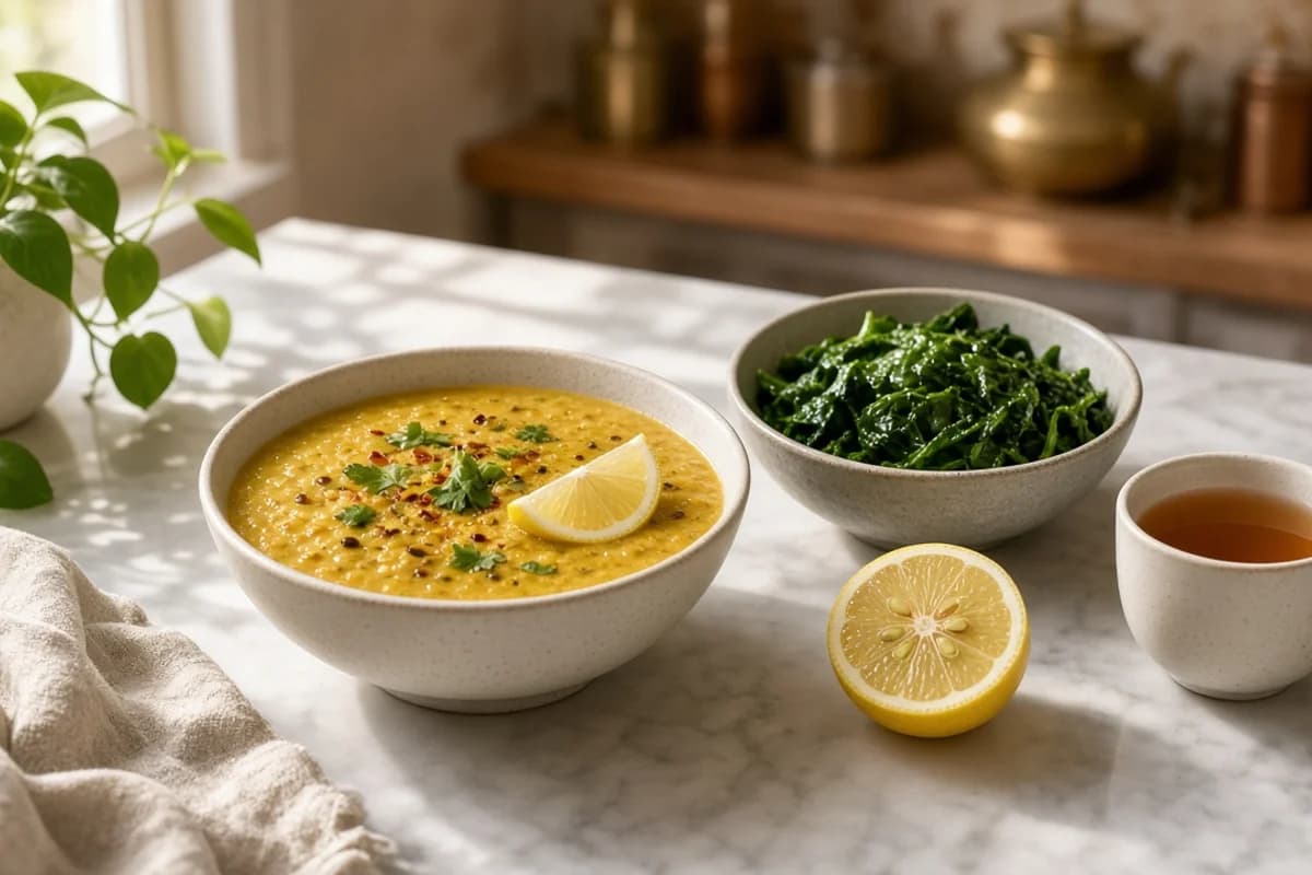 A bowl of yellow dal with a lemon slice beside a bowl of cooked spinach, half a lemon and a cup of tea.