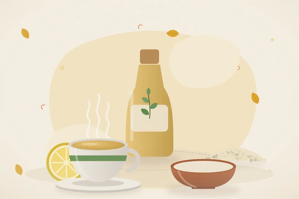 Illustrated still life with lemon, sesame seeds.