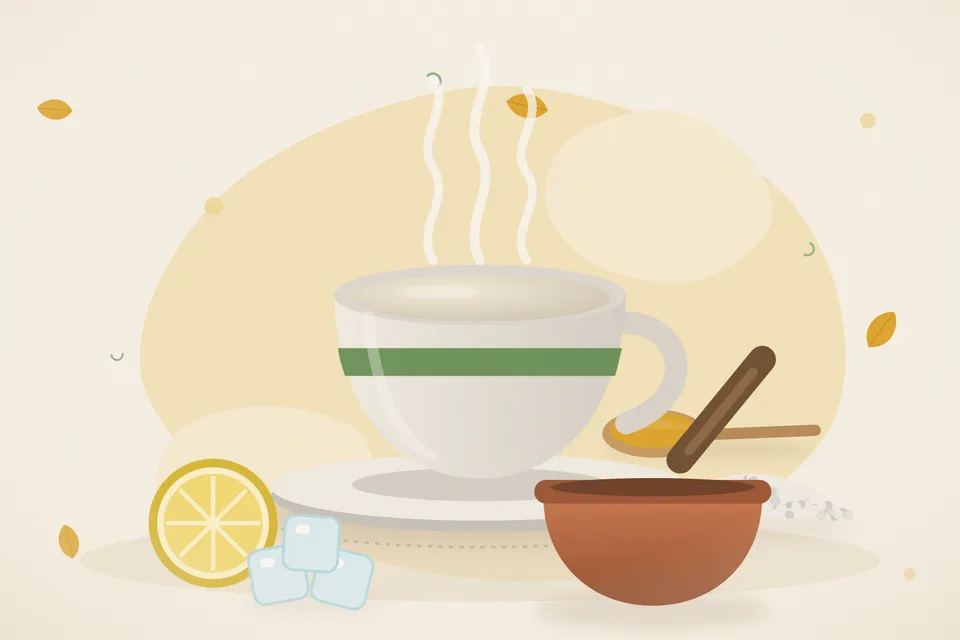 Illustrated still life with lemon, rock salt, ice.