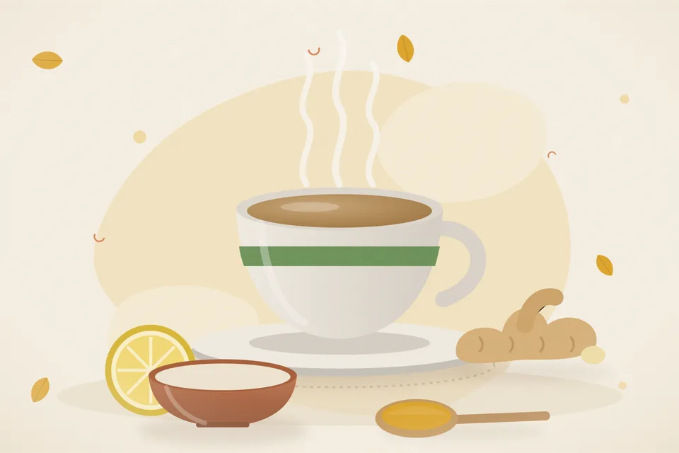 Illustrated still life with lemon, fresh ginger.