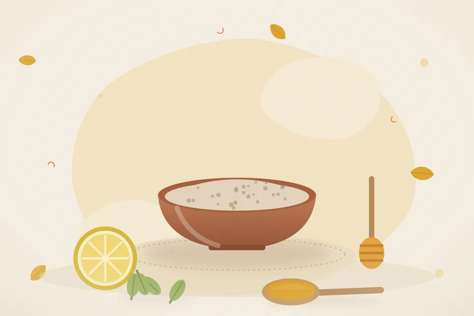 Illustrated still life with lemon, honey, cardamom.