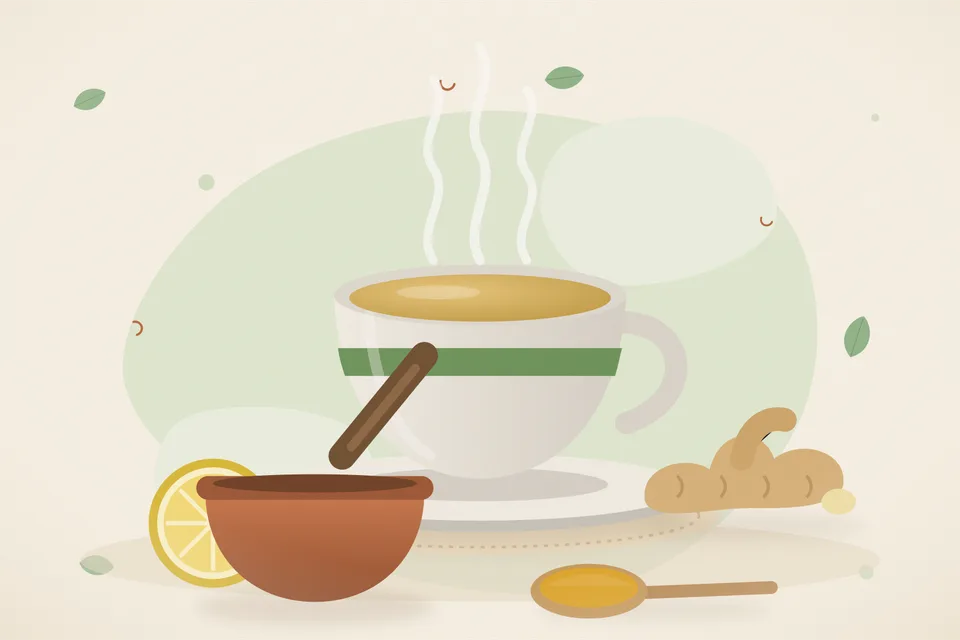 Lemongrass stalks and ginger slices in a small pot of pale tea, with a strained cup beside the pot, kitchen still life.