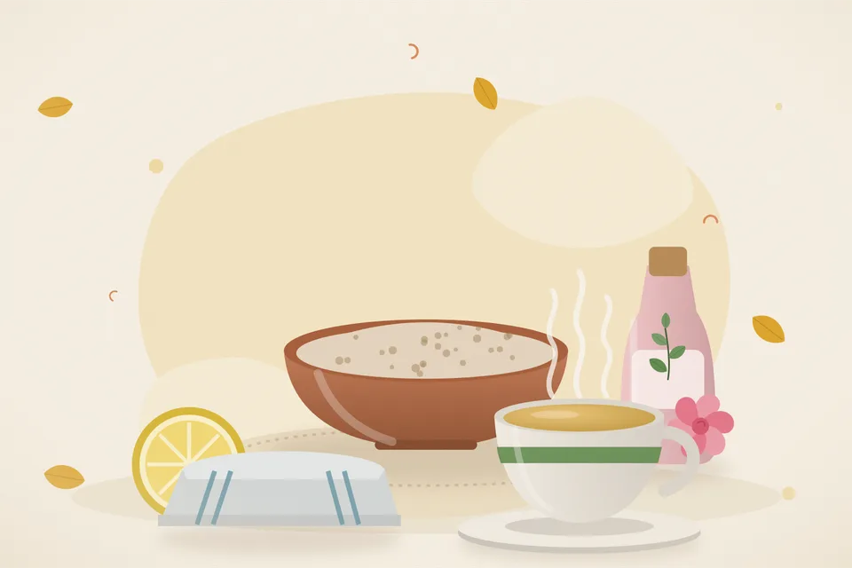 Illustrated still life with lemon, rose water, a folded cloth.