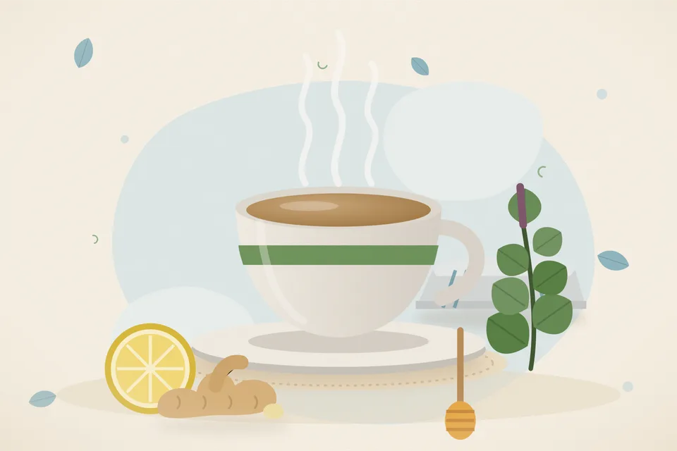 Illustrated still life with lemon, tulsi leaves, fresh ginger, honey.