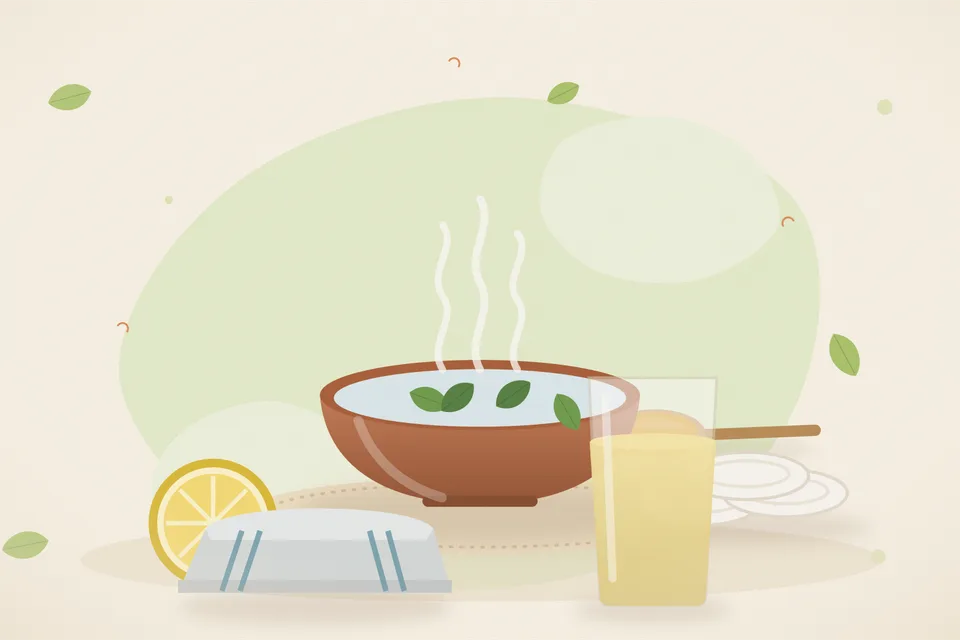 Illustrated still life with lemon, cotton pads, a folded cloth.