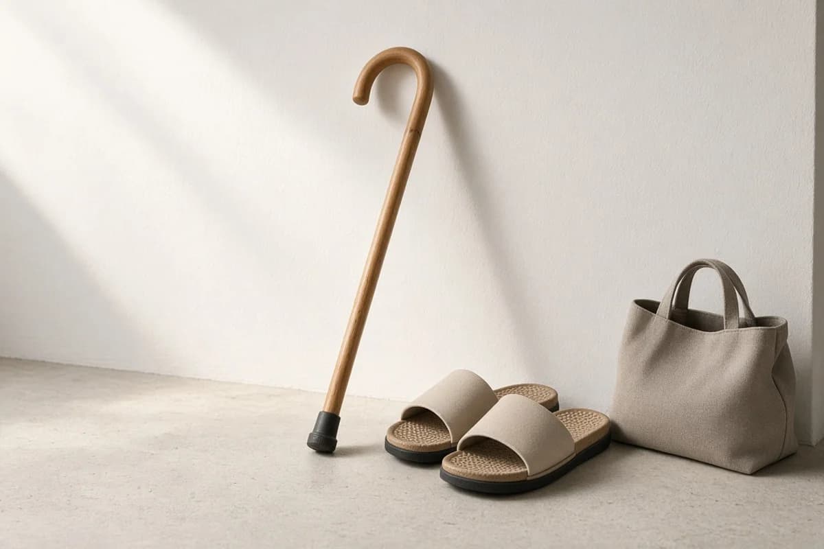 A light wooden walking stick with a curved handle and rubber tip leaning on a wall, with beige sandals and a small cloth bag.