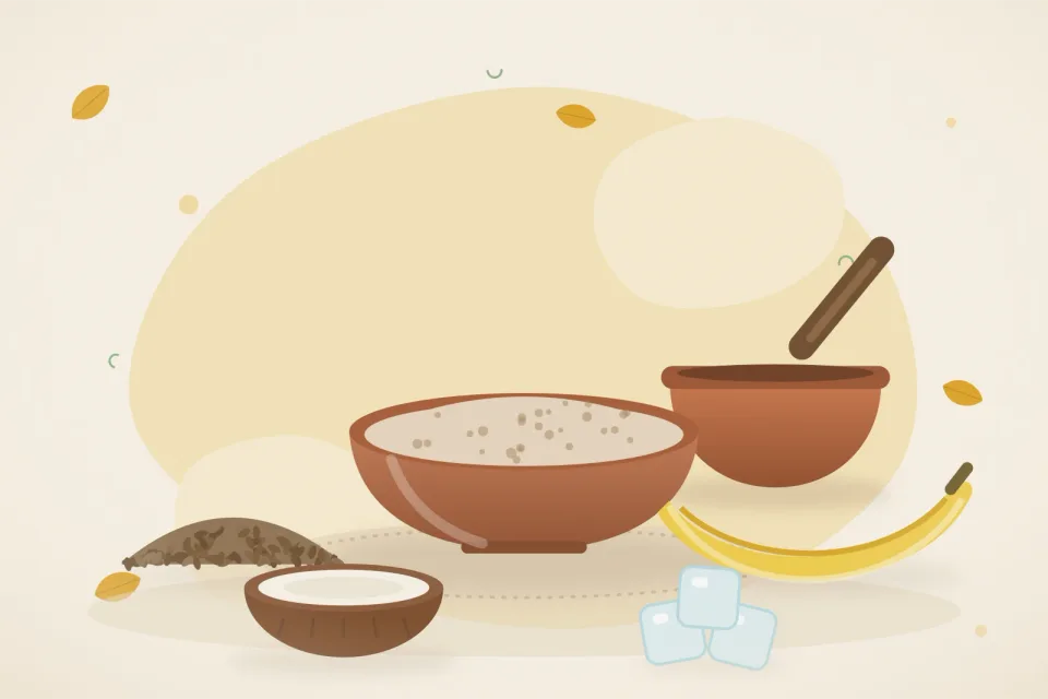 Illustrated still life with cumin seeds, banana, coconut, ice.