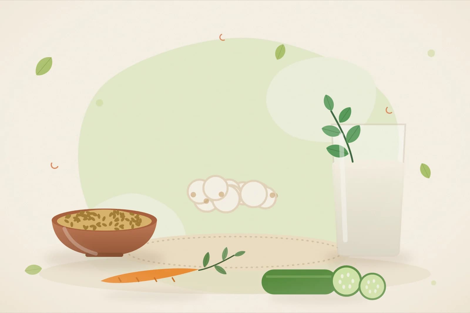 A bowl of roasted makhana, a bowl of chana chaat, carrot sticks, cucumber slices and a glass of buttermilk on a lime-green background