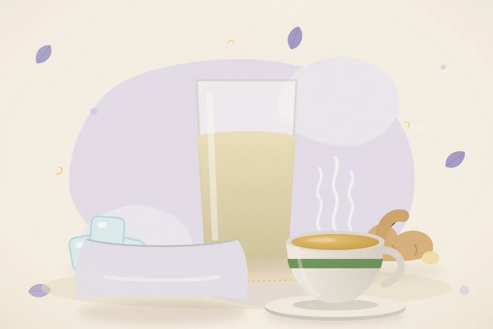Illustrated still life with ice, fresh ginger.