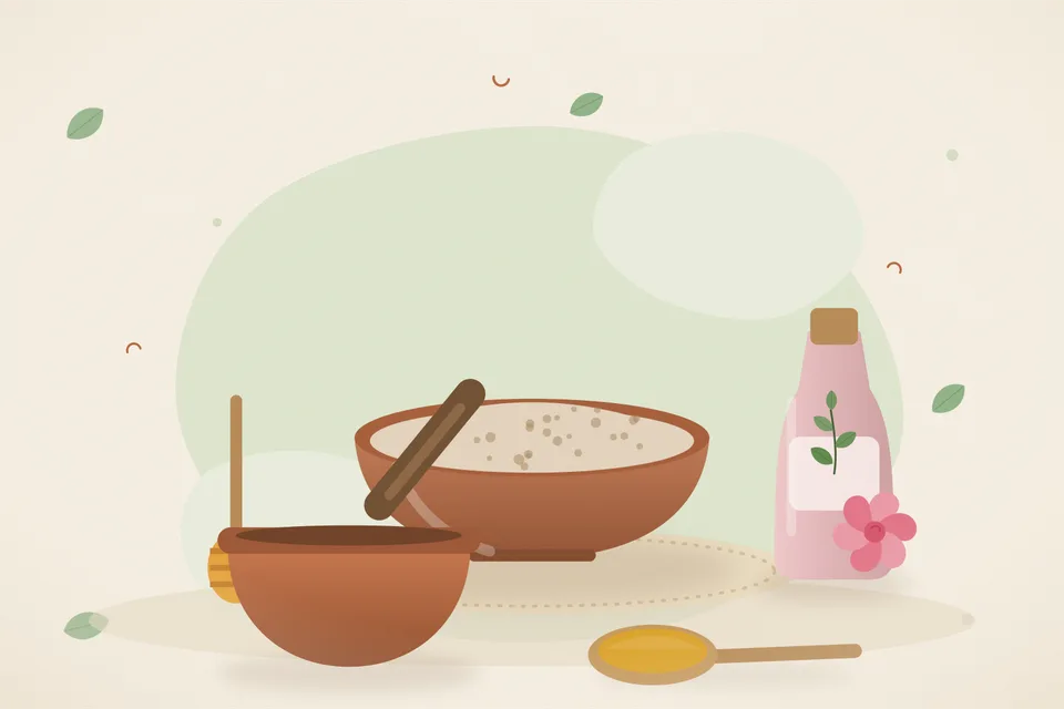 Illustrated still life with honey, rose water.