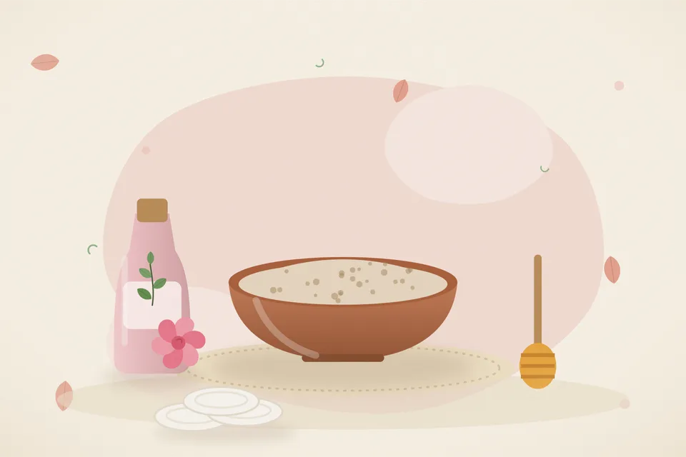 Illustrated still life with rose water, honey.